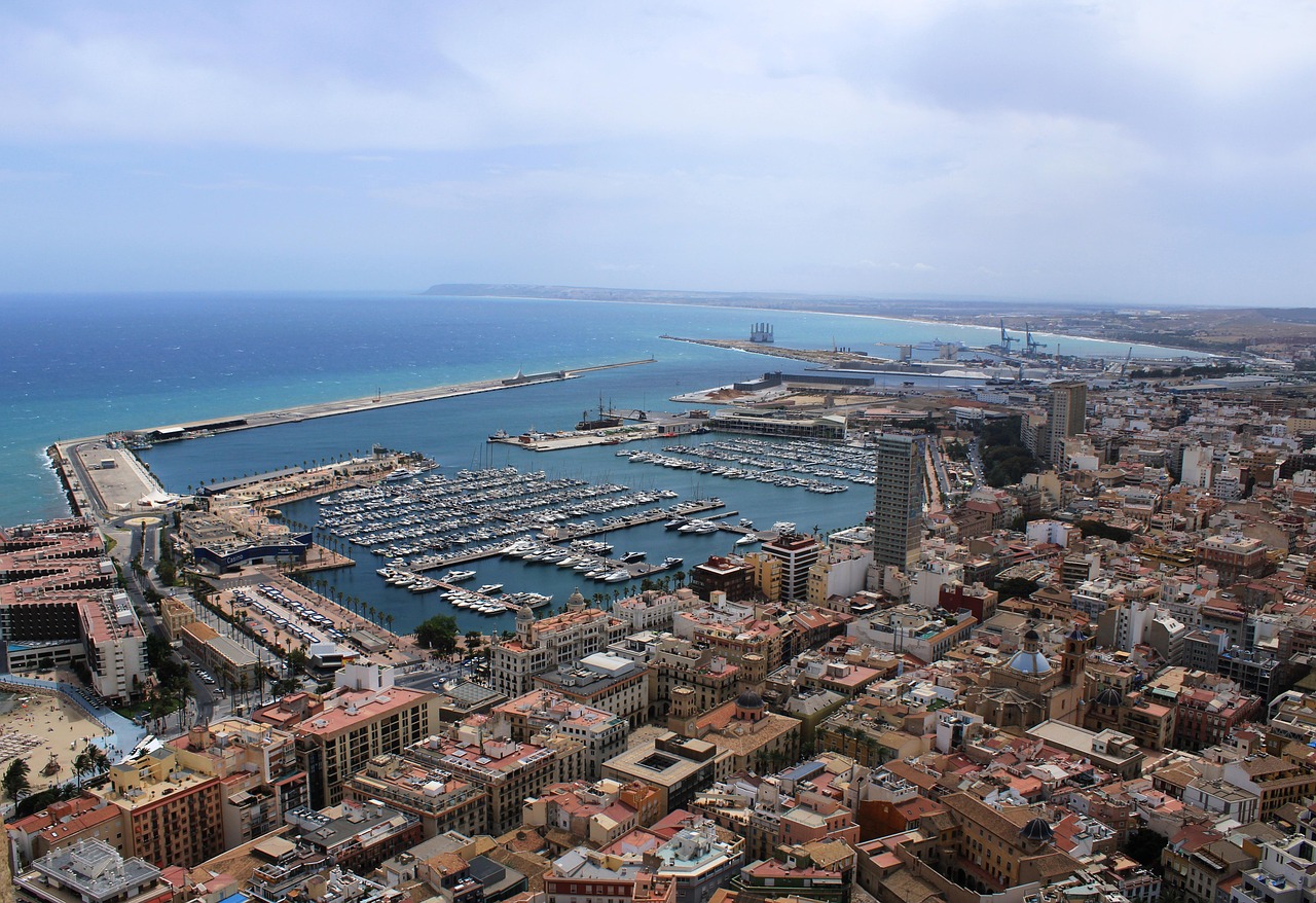 spain, alicante, sea, city, panorama, nature, castillo, santa bárbara, clouds, summer, port, landscape
