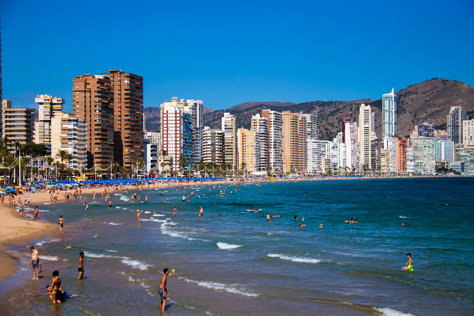 Panoramic view of Benidorm skyline and beaches, Costa Blanca, Spain – popular holiday spot for UK tourists.