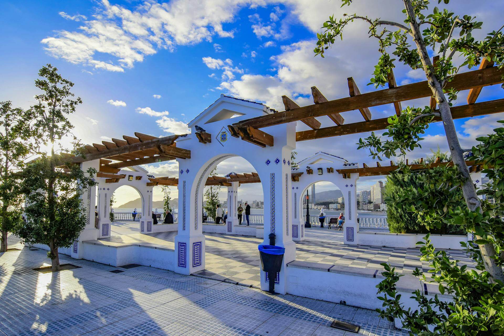 View from Plaza del Castillo, Benidorm, overlooking the Balcón del Mediterráneo with sea views and white balustrades on Costa Blanca, Spain.