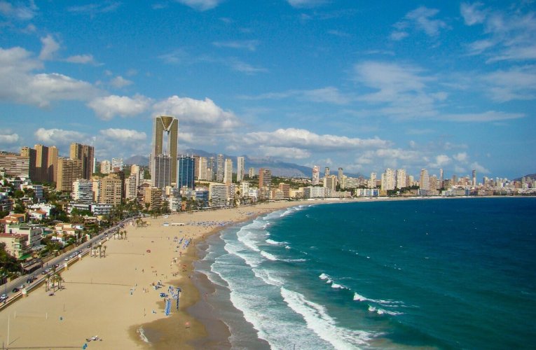 benidorm, nature, spain, sea, beach, holiday, tourism, summer, buildings, travel, waves, blue beach, blue travel, blue summer
