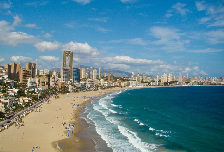 benidorm, nature, spain, sea, beach, holiday, tourism, summer, buildings, travel, waves, blue beach, blue travel, blue summer